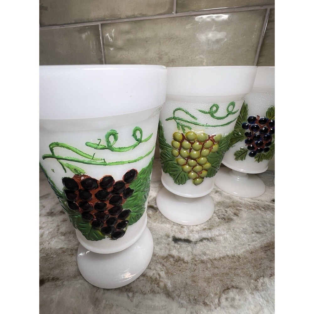 Anchor Hocking Harvest Grape Design Milk-Glass Goblets Circa 1950s Rare Painted - Picture 2 of 10